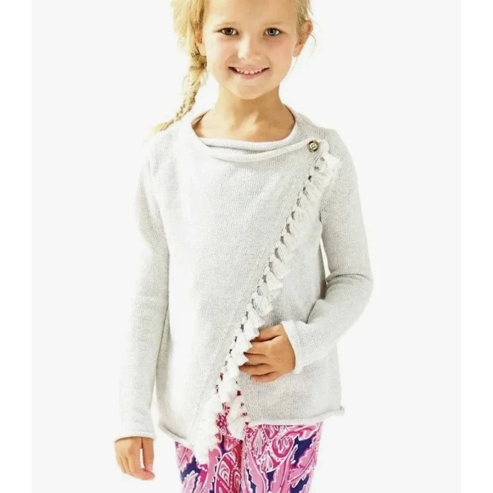 Lilly‎ Pulitzer Girls Mini Avenue Cardigan Gray Silver Wrap Fringe Cozy XL 12-14